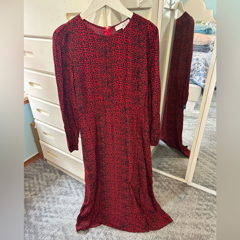 LOFT Leopard Animal Print Slit Midi Dress Long Sleeves Tango Red Holiday Dress✨ - Picture 4 of 10